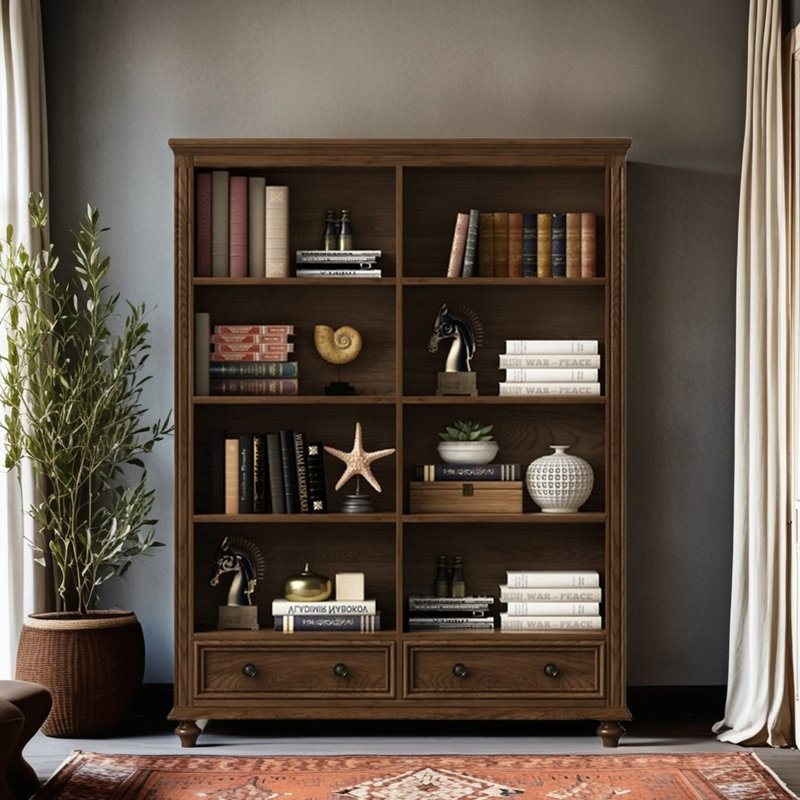 American country style bookcase, (4 Shelves) 58.66"H x 47.24"W x 13.78"D, Dark Brown