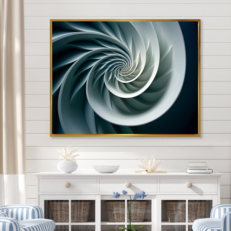 Turquoise coquille spirale de poisson sur toile, H 34 po x l 44 po x P 1,5 po, Cadre flottant doré