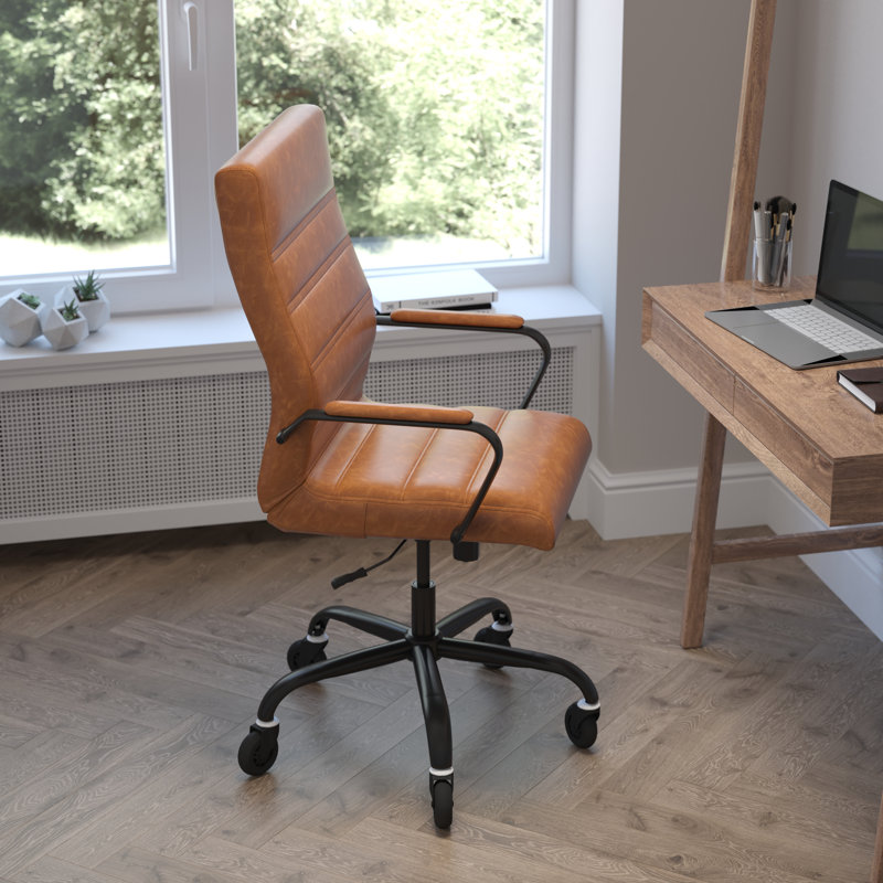 Fauteuil de bureau pivotant à haut dossier avec structure, accoudoirs et roulettes transparentes, Noir, Brun