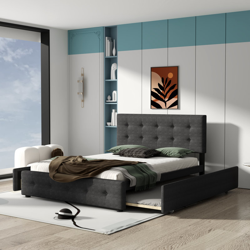 Lit plateforme tapissier avec rangement Mirbana, Gris foncé