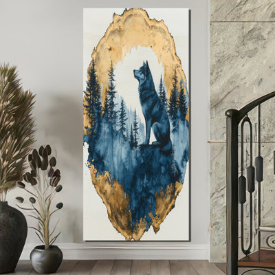 Gradys Golden Wolf In Blue Forest Landscape II - Wolf Canvas Wall Art