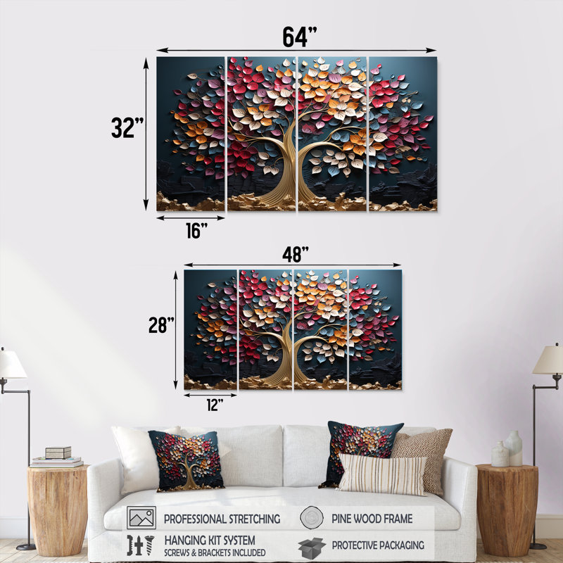 Arbre doré rose et bleu sur fond bleu - ensemble de 4 décorations murales arbre, H 28 po x l 48 po