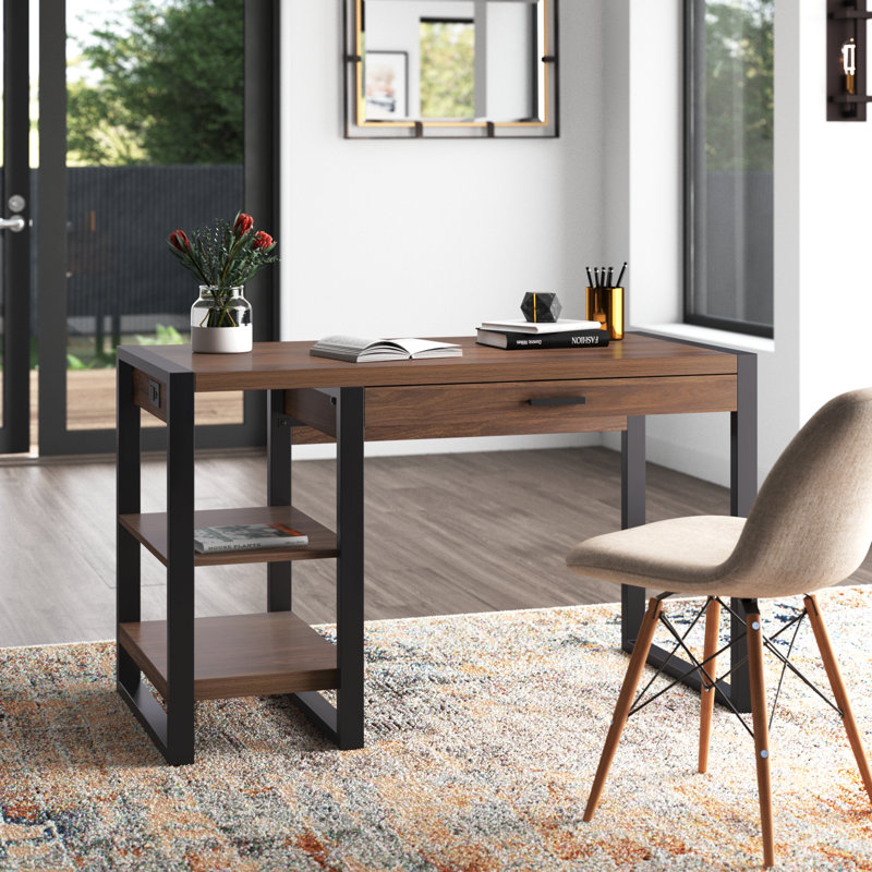 Aalyssa 1-Drawer Desk with USB Port, Dark Walnut/Black