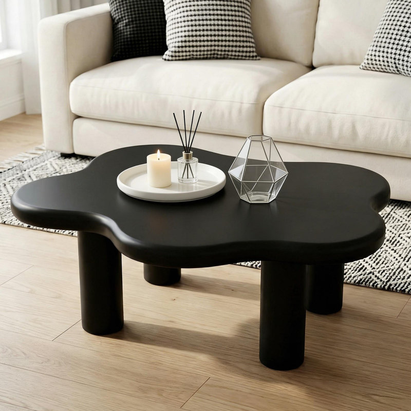 Table basse en bois avec 4 pieds ronds, petite table basse mignonne et table centrale irrégulière, Black