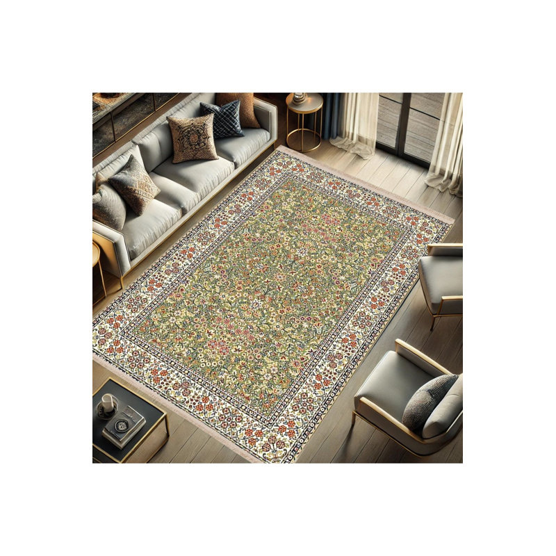 Machine Washable Green Floral Patterned Woven Base Modern Decorative Area Rug