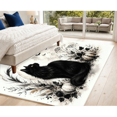 Tapis d'intérieur Halloween Chat Noir Lune, style gothique et sorcière, design artistique, surface en velours, antidérapant, idéal pour le salon, la chambre, l'appartement, la cuisine, l'entrée ou le balcon.