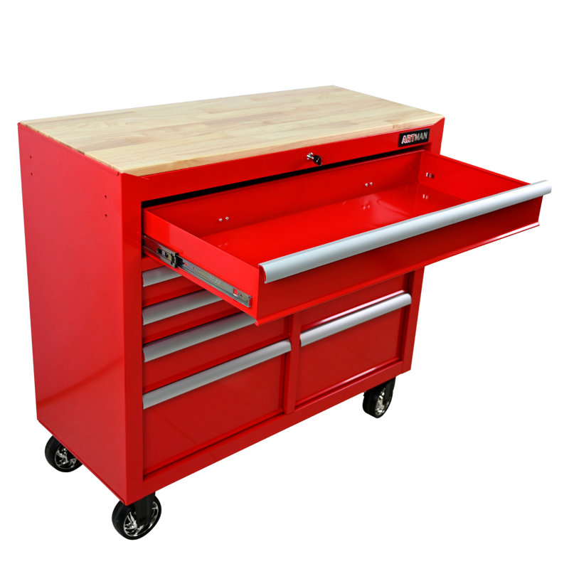 9 DRAWERS MULTIFUNCTIONAL TOOL CART WITH WHEELS AND WOODEN TOP, Red