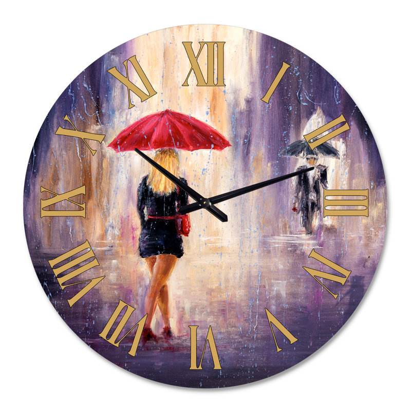 Dame avec un parapluie rouge marchant sous la pluie - Horloge murale traditionnelle, Grand