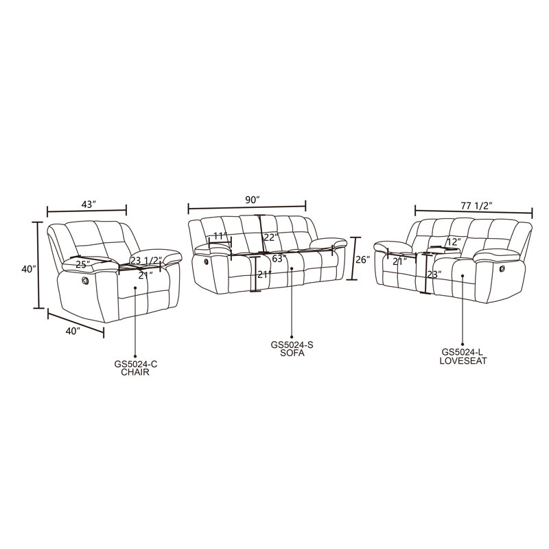 Ensemble de canapé inclinable 3 pièces, causeuse et fauteuil, Velours côtelé beige