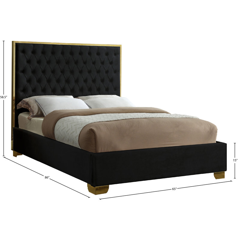 Lit plateforme tapissier capitonné Spadaro, Grand, Velours noir, Or