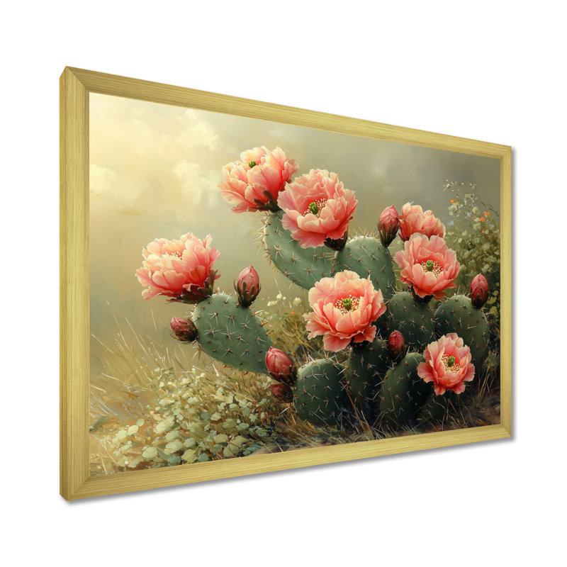 Koti cactus en pleine floraison à l'aube II - art mural cactus, H 24 po x l 32 po, Picture Framed, Doré