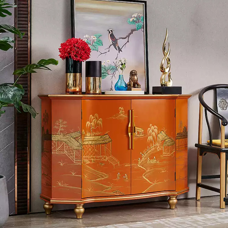 Orange Hand-Painted Accent and Buffet Cabinet