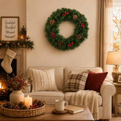 Artificial Christmas Wreath, Green Pine Wreath with Red Berries and Pinecones, Winter Holiday Front Door Wall Hanging Wreath for Indoor Outdoor Home Decor