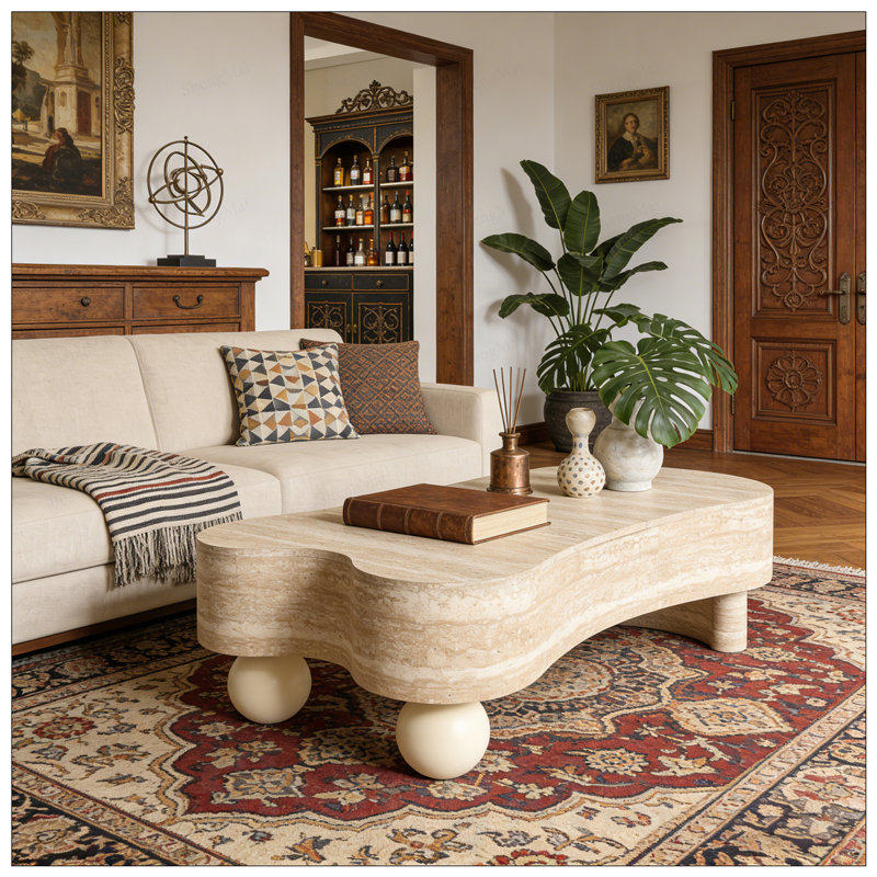 Table basse irrégulière avec plateau rabattable, rangement dissimulé et design moderne pour des espaces de vie compacts