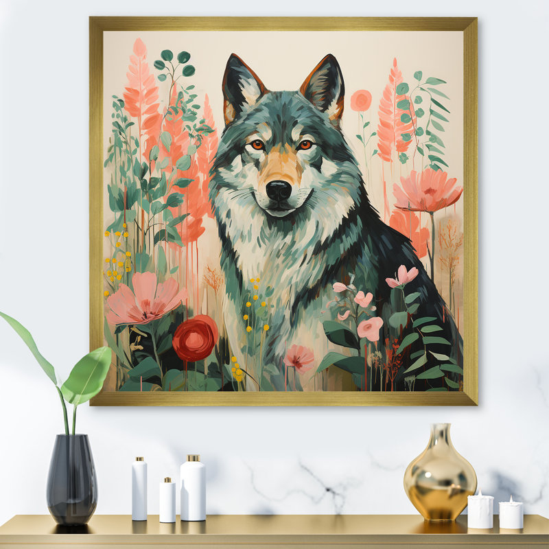 Portrait de loup bohémien rose et vert II - loup, art mural, Cadre doré simple, H 36 po x l 36 po x P 1,5 po