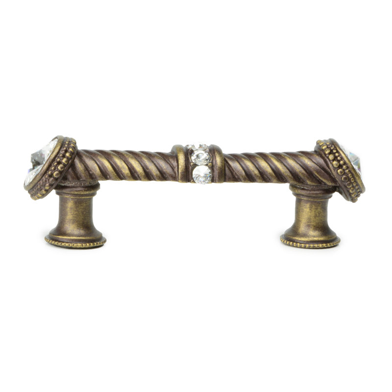 Caché 5 inches c.c. large pull with end & center 7 rivoli Swarovski Clear Crystals in Chalice, 3", Antique Brass