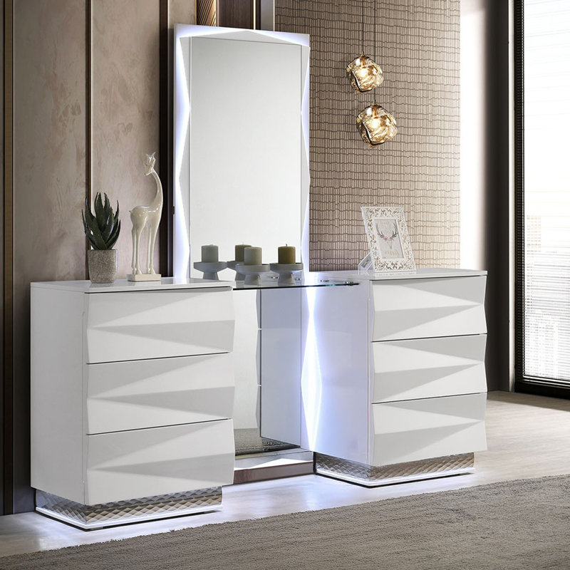 White Vanity Set w Mirror Storage Drawers Contemporary Style Bedroom Vanity