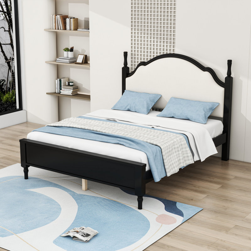 Lit plateforme en bois avec tête de lit tapissier courbée et pieds centraux, Beige Black, Grand lit