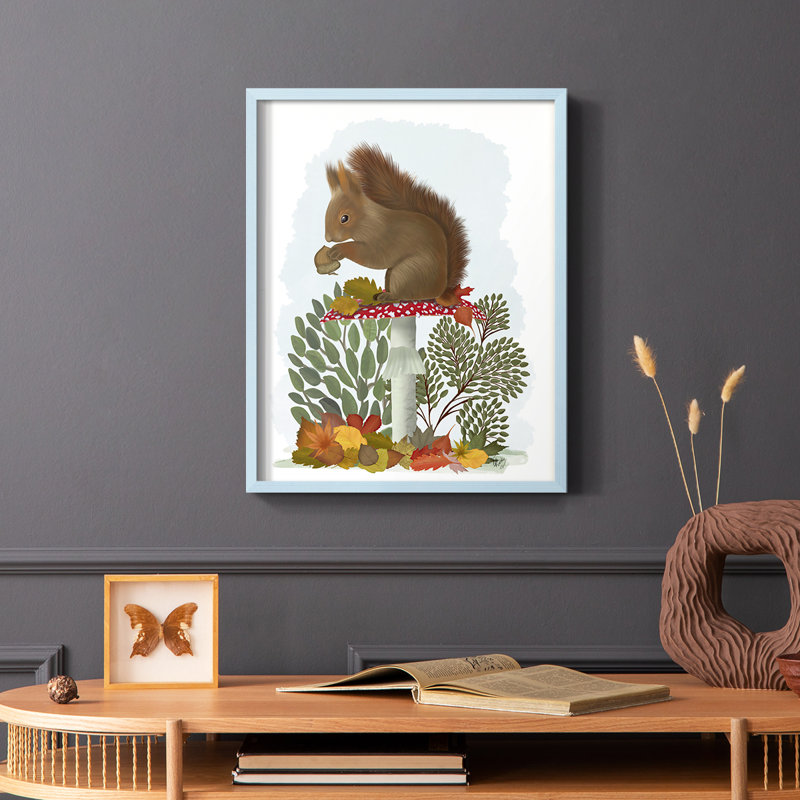 Écureuil roux sur champignon, reproduction encadrée - bois massif, Bleu, H 10 po x l 8 po