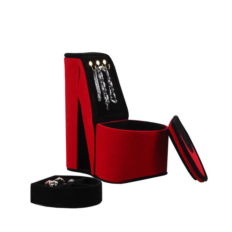 Boîte à bijoux de 9 po de hauteur avec crochets, chaussures à talons hauts, Rouge