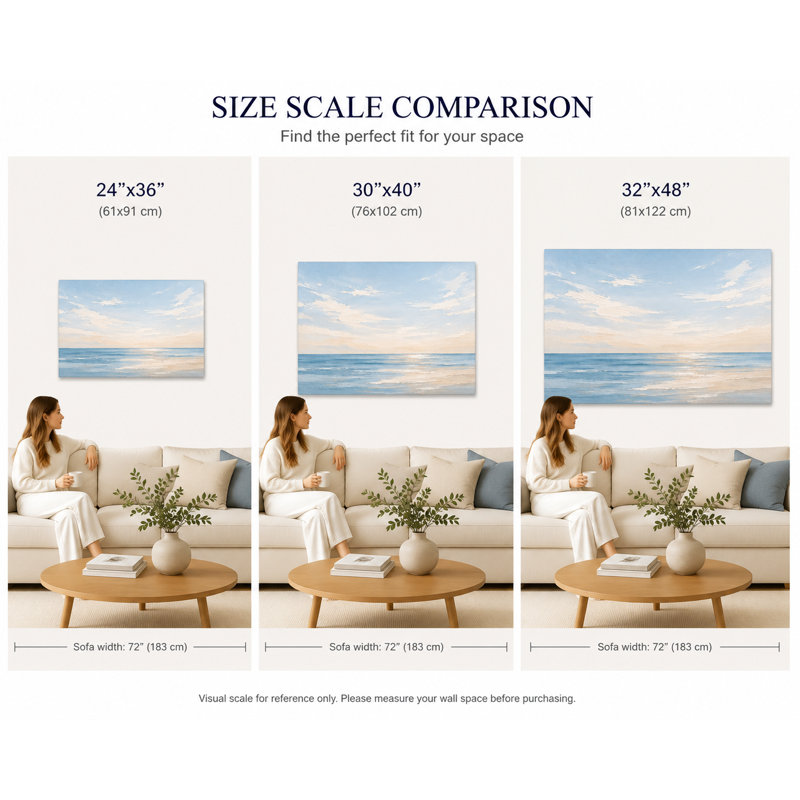 Art mural doux bleu océan horizon, peinture de paysage plage beige clair, décoration murale moderne sur toile tendue