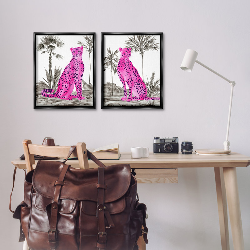 Ensemble de 2 toiles flottantes néon rose léopard, design par Melissa Wang, Cadre flottant noir de jais, H 21 po x l 17 po