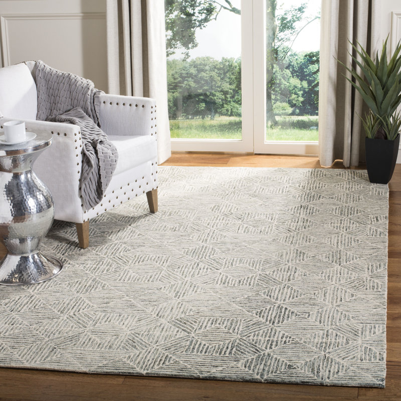 Linsly Geometric Area Rug in Light Green/Ivory, Rectangle 6' x 9'