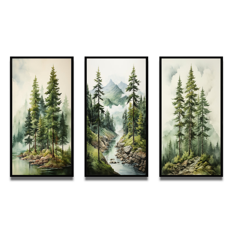 Arbre vert pin vert Eternal Guardians III - ensemble d'art mural pin 3, Cadre flottant noir, H 32 po x l 48 po