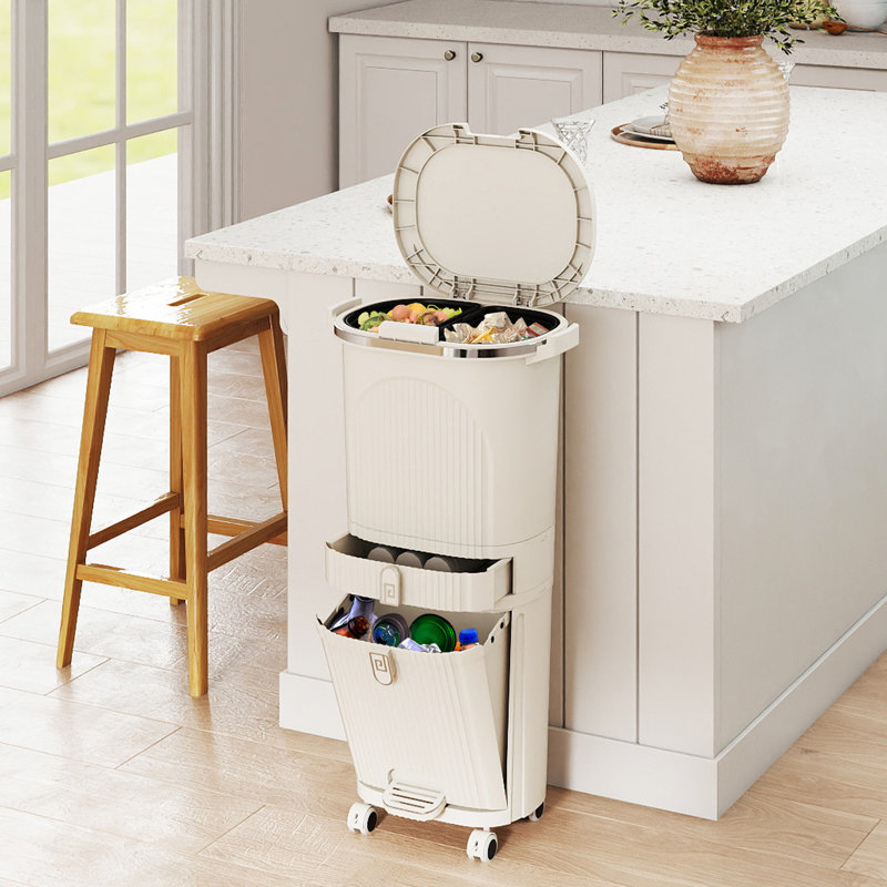 42L Kitchen Trash Can with 2 Detachable Buckets and Lid, Beige