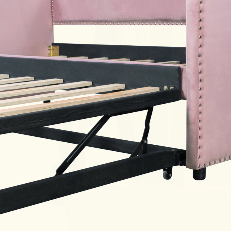 Velvet Upholstered Daybed With Pop Up Trundle, Pink