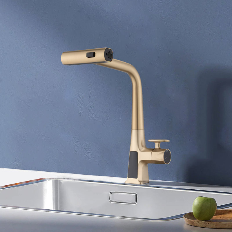 Robinet de cuisine à cascade avec affichage de la température, robinet de cuisine à poignée simple avec douchette rétractable, robinet d'évier de cuisine moderne, trois modes de sortie d'eau