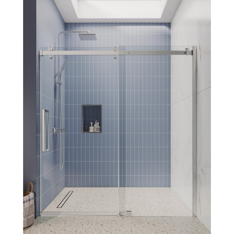 Brushed Nickel Frameless Sliding Shower Door with Clear Tempered Glass