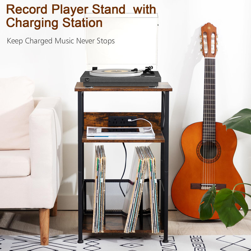 Brown Metal and Wood Record Player Stand with Cabinet