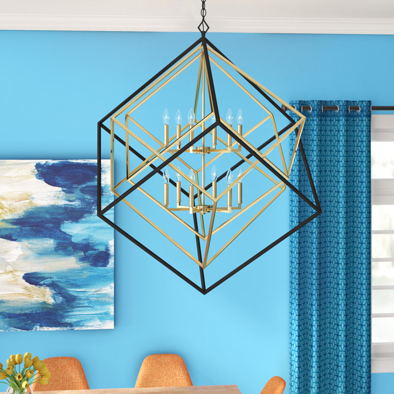 Lustre géométrique unique Goulart, Vieux laiton / bronze, 12, H 50,5 po x l 47,5 po x P 47,5 po