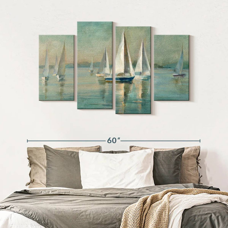 Voiliers au lever du soleil, ensemble de 4 pièces sur toile, H 32 po x l 52 po x P 1,25 po