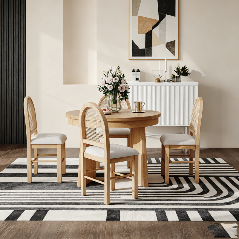 Ensemble de table de salle à manger ronde pour 4 personnes de Trexm, ensemble de table de salle à manger extensible rétro avec 4 chaises rembourrées, ensemble de table de cuisine et chaises pour salle à manger et cuisine (bois naturel délavé)
