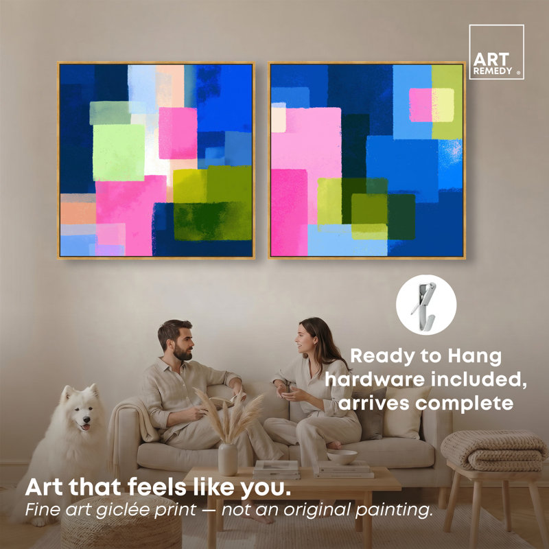 «Bright Blocks Duo», reproduction d'art sur toile encadrée par Art Remedy, cadre doré, 40 x 40, H 41 po x l 41 po