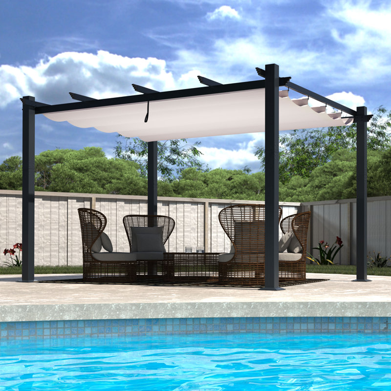 Veikous Outdoor Retractable Aluminum Pergola with Canopy, Cream, 12.92 ft. W x 10.41 ft. D