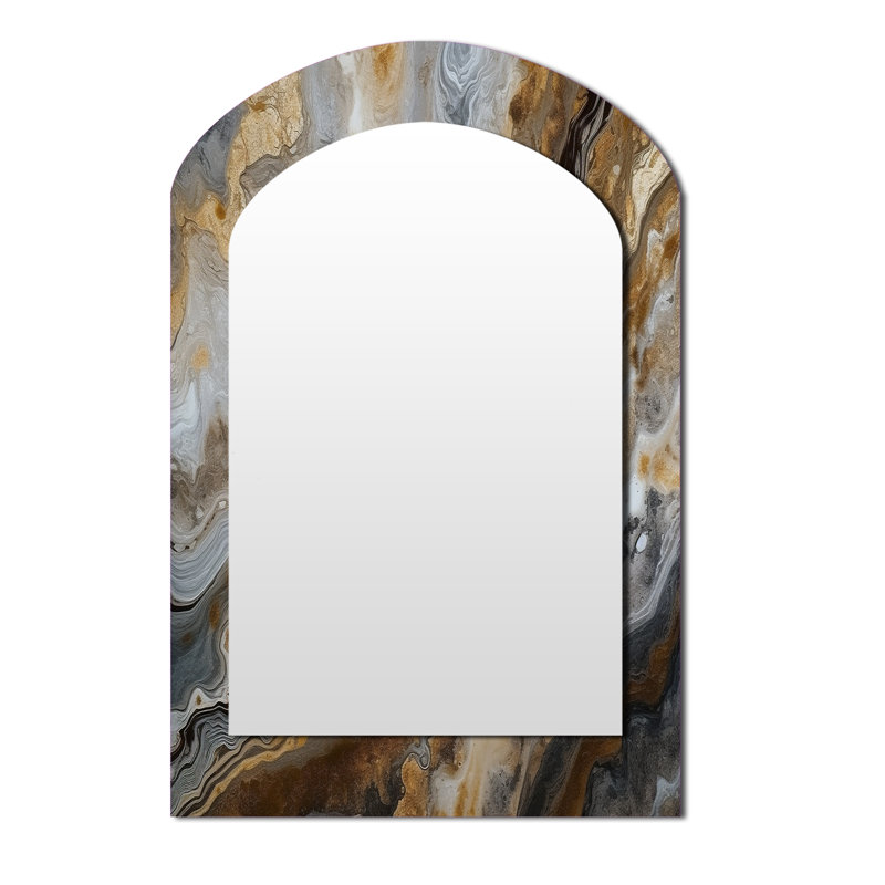 Gold And Grey A Marble Effect I - Marble Asymmetrical Large Mirror, Modern Arch Unique Wall Mirror Decor, Printed Metal Art