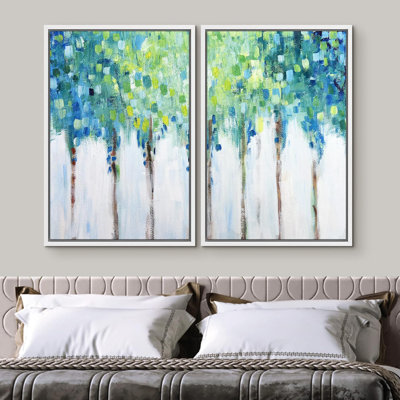Bleu, vert, fleur, clôture, plantes sauvages, art moderne, campagne, paysage coloré, 2 pièces