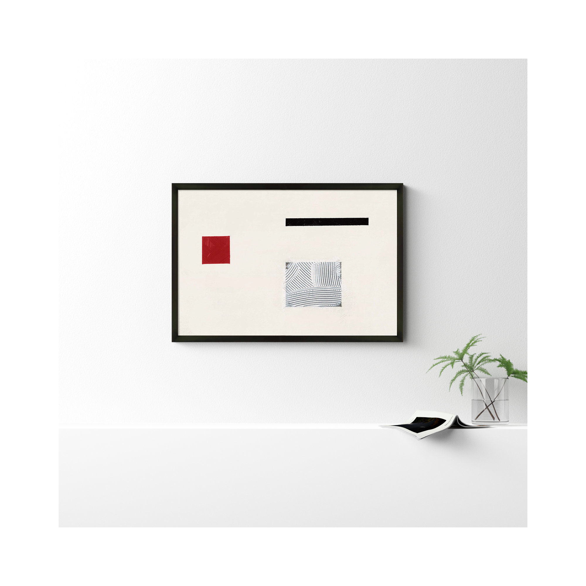 Tempo With Red 1 by Robert Kamnatnik, 26.5" H x 38" W x 1.25" D, Black Framed Paper