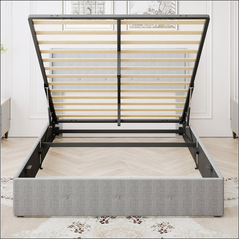 Structure de lit double avec lit de rangement à vérin à gaz et tête de lit à oreilles moderne, Gris clair, Double