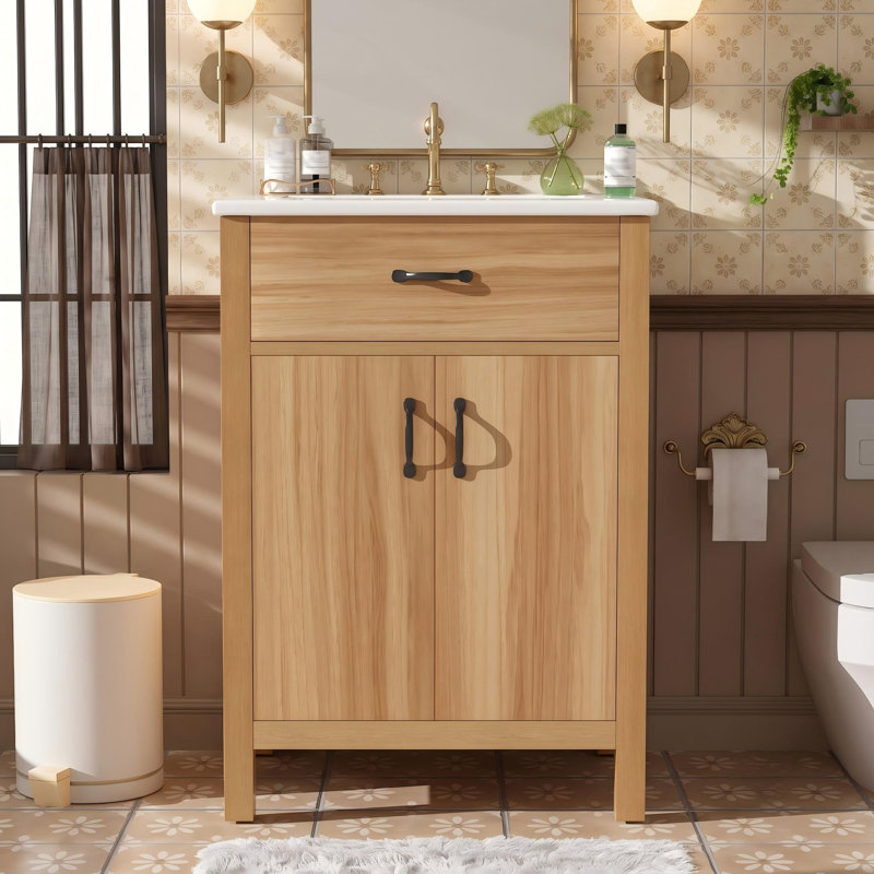 Meuble-lavabo simple 24 po avec lavabo en céramique, Bois