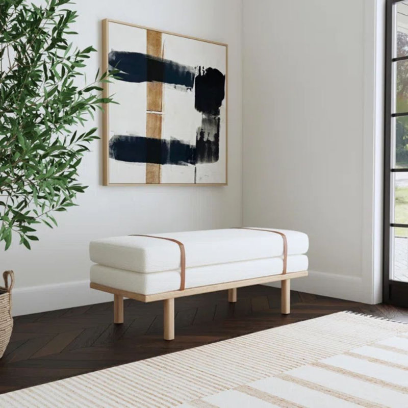 Banc rembourré Azayvion avec base en bois, Crème Boucle