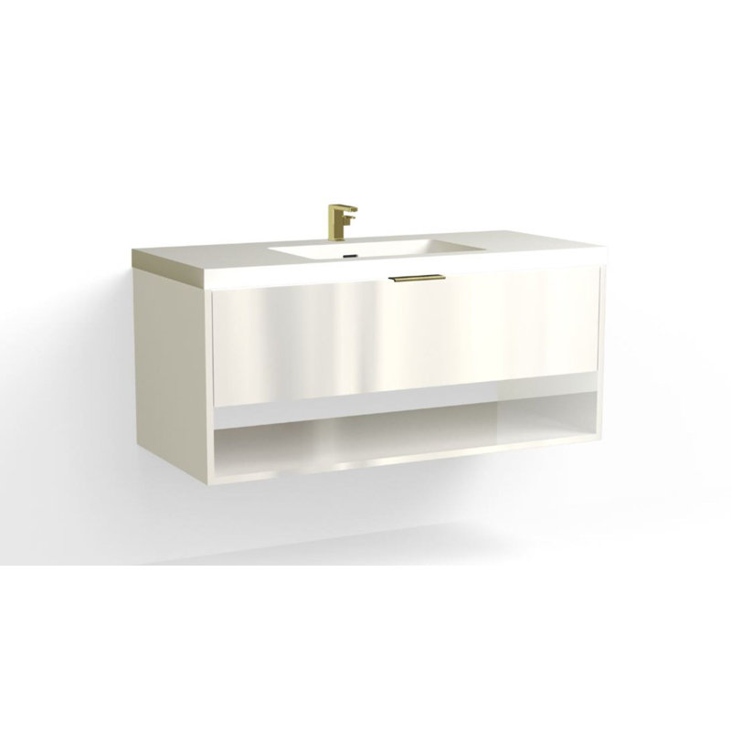 Modo 48" W Wall Mounted Single Bathroom Vanity, Glossy White/Single, Nocino, Satin Brass