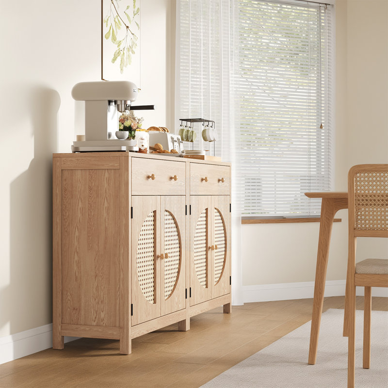 Rattan Sideboard, 26" Buffet Cabinet with Adjustable Storage Shelves and Drawer for Dining Room or Living Room, Natural Oak