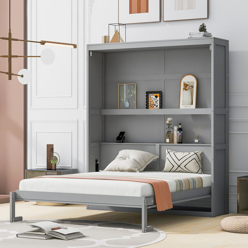Grand lit escamotable mural avec tablettes, gris, Gris, Grand lit