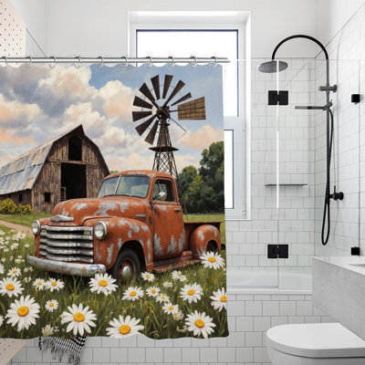 Weathered Barn & Orange Truck Shower Curtains For Bathroom, 71 X 71
