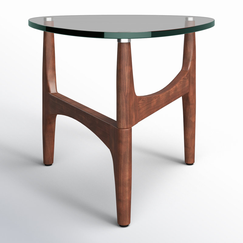Triangular Clear Glass and Walnut End Table