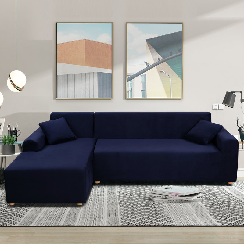 Thick Velvet L-Shaped Sofa Cover - Sectional Sofa Cover With 2 Throw Pillow Covers, Navy